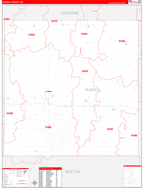 Russell County, KS Zip Code Wall Map