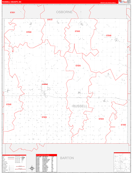 Russell County, KS Zip Code Wall Map