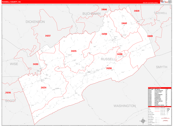 Russell County VA Zip Code Wall Map Red Line Style by MarketMAPS
