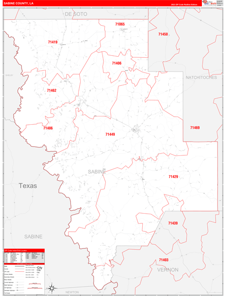Sabine Parish (County), LA Zip Code Wall Map