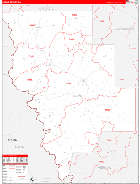 Sabine Parish (County), LA Wall Map Red Line Style