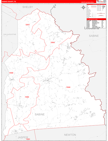 Sabine County, TX Zip Code Map