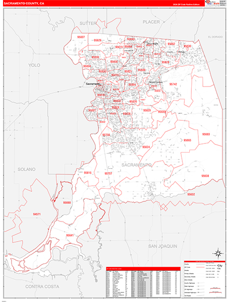 Sacramento County, CA Map Red Line Style