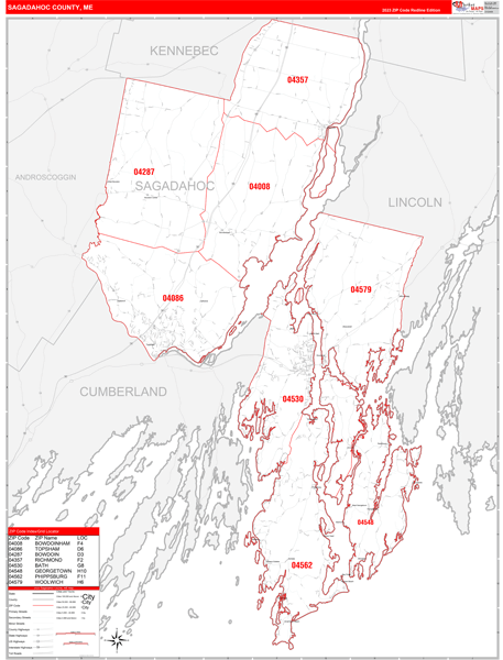 Sagadahoc County, ME Wall Map Red Line Style
