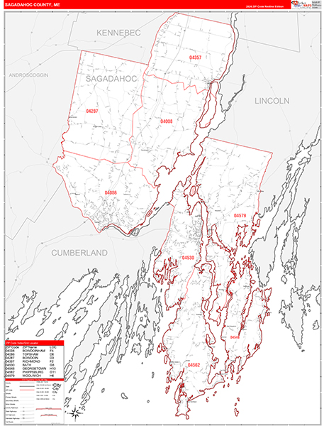 Sagadahoc County, ME Wall Map Red Line Style