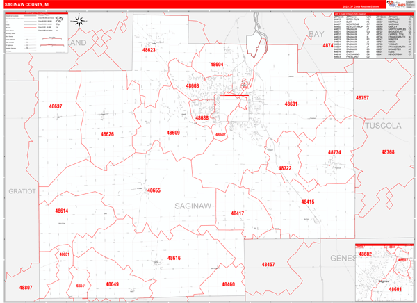 Saginaw County, MI Zip Code Wall Map