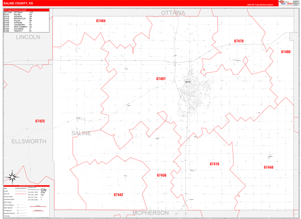 Saline County, KS Zip Code Wall Map