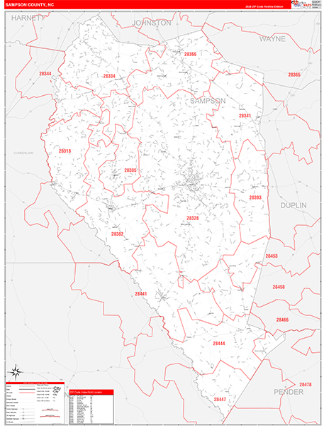 Sampson County, NC Zip Code Wall Map