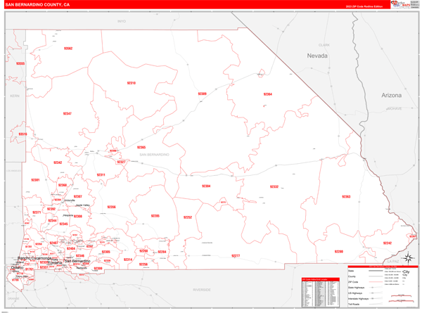 San Bernardino Zip Code Map County San Bernardino County, CA Zip Code Wall Map Red Line Style by 