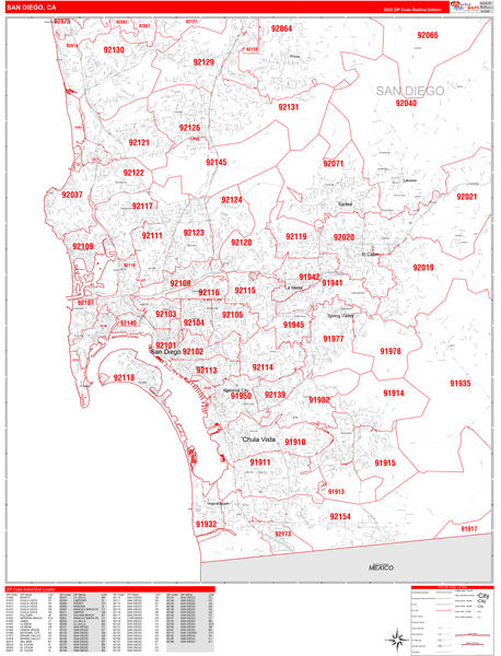 San Diego County, CA Zip Code Wall Map Red Line Style by MarketMAPS