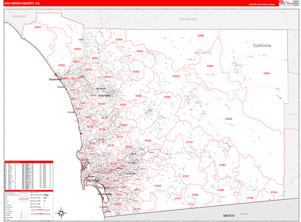 San Diego County, CA Zip Code Wall Map Red Line Style by MarketMAPS ...