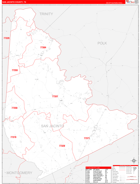 San Jacinto County, TX Zip Code Wall Map Red Line Style by MarketMAPS