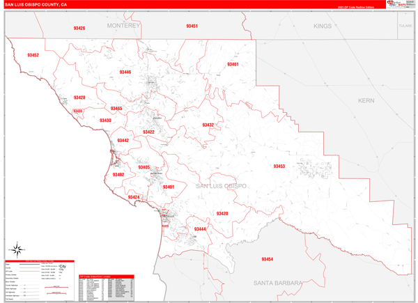 San Luis Obispo Zip Code Map San Luis Obispo County, CA Zip Code Wall Map Red Line Style by 