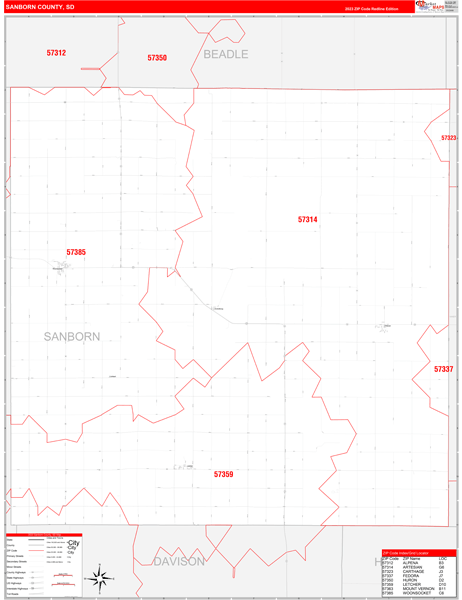 Sanborn County, SD Wall Map Red Line Style