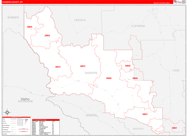 Sanders County Wall Map Red Line Style