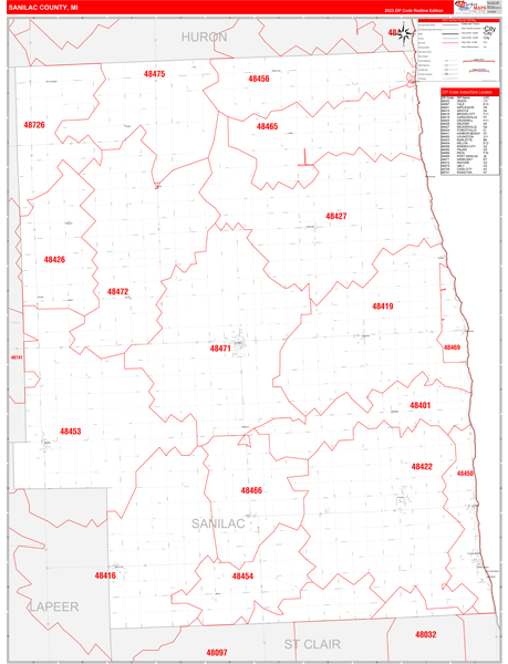 Sanilac County, MI Zip Code Wall Map