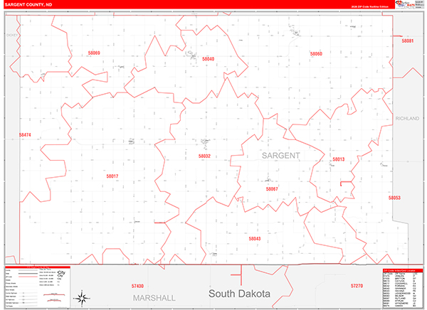 Sargent County, ND Wall Map Red Line Style