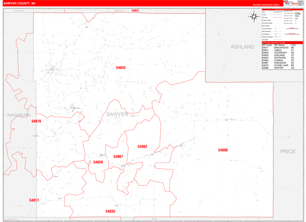 Sawyer County Digital Map Red Line Style