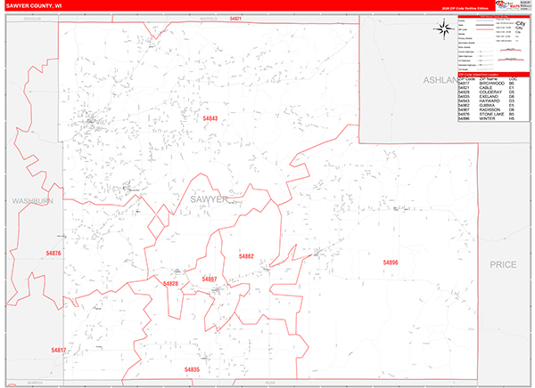 Sawyer County, WI Zip Code Wall Map