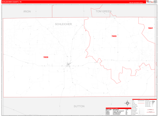 Schleicher County, TX Zip Code Wall Map