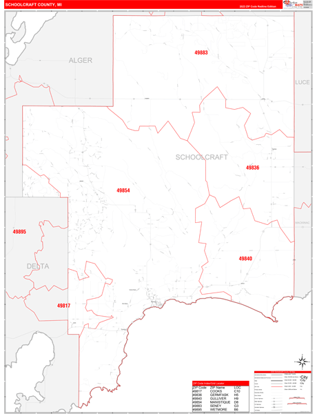 Schoolcraft County, MI Zip Code Wall Map