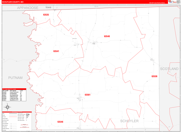 Schuyler County Wall Map Red Line Style