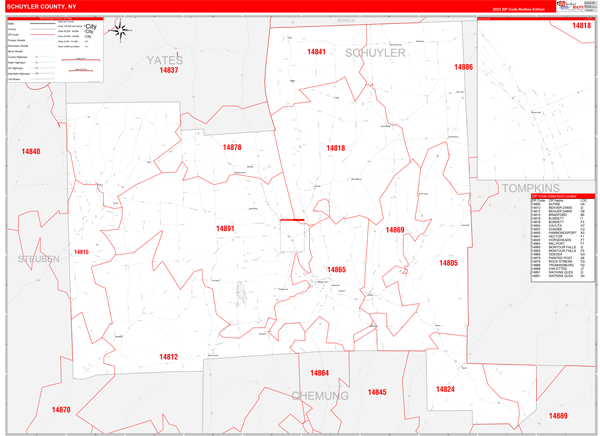 Schuyler County, NY Zip Code Map