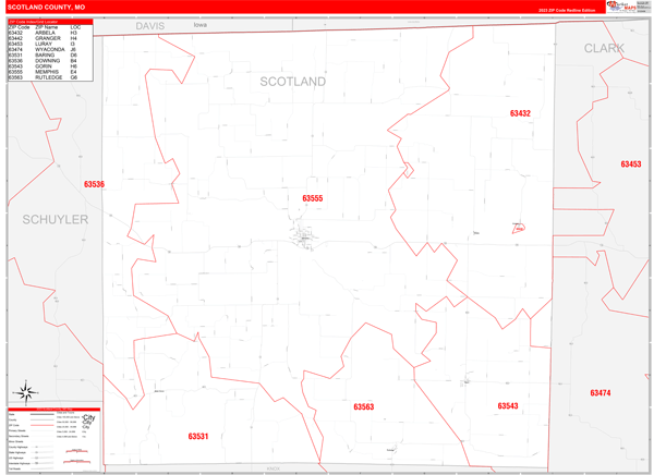 Scotland County, MO Wall Map Red Line Style