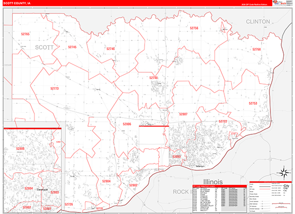 Scott County, IA Zip Code Wall Map