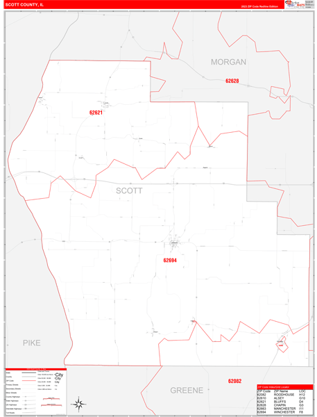 Scott County, IL Wall Map Red Line Style