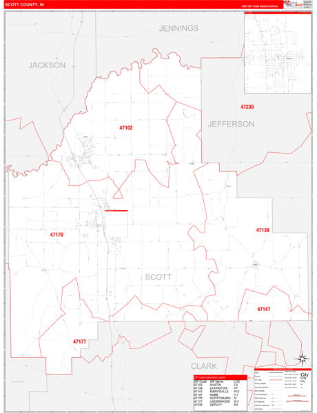 Scott County, IN Map Red Line Style