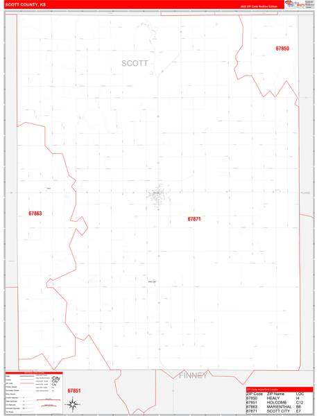 Scott County, KS Wall Map Red Line Style