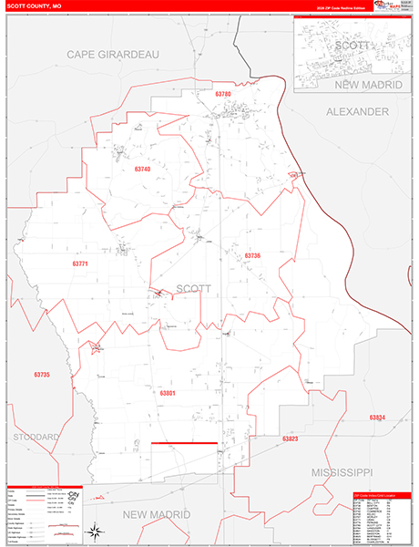 Scott County, MO Map Red Line Style
