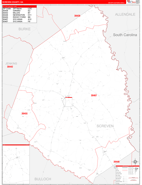 Screven County, GA Zip Code Wall Map