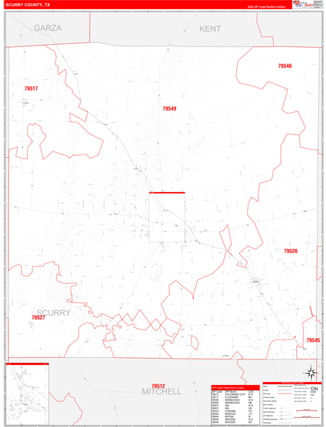 Scurry County, TX Zip Code Wall Map