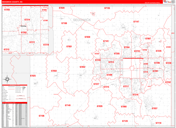 Sedgwick County, KS Zip Code Wall Map Red Line Style by MarketMAPS