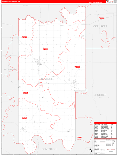 Seminole County, OK Wall Map Red Line Style