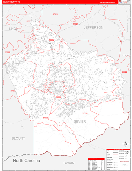 Sevier County, TN Zip Code Map