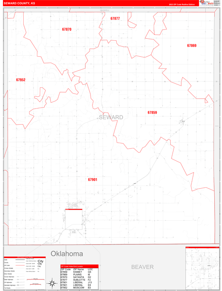 Seward County, KS Wall Map Red Line Style