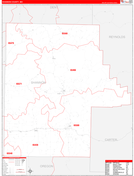 Shannon County, MO Zip Code Wall Map
