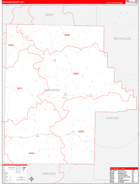 Shannon County, MO Map Red Line Style