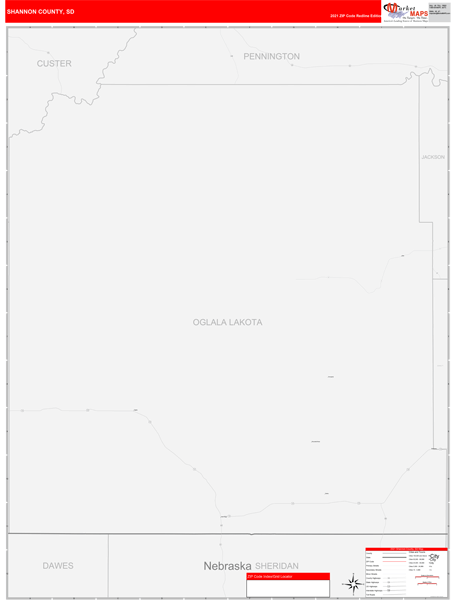 Shannon County, SD Wall Map Red Line Style