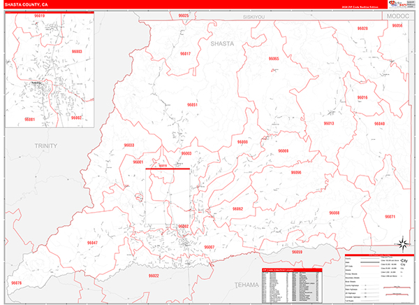 Shasta County, CA Map Red Line Style