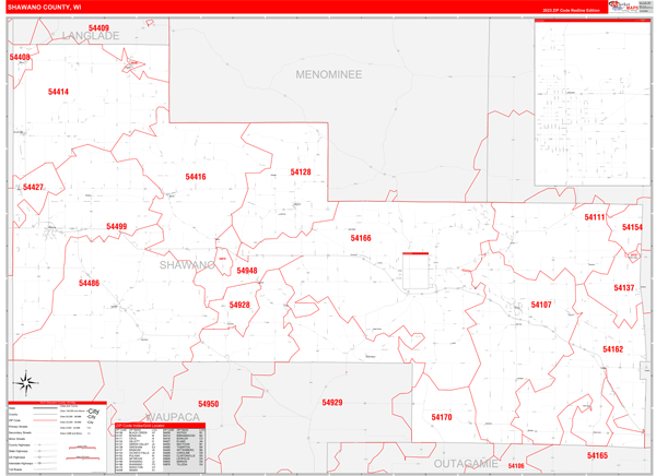 Shawano County Digital Map Red Line Style