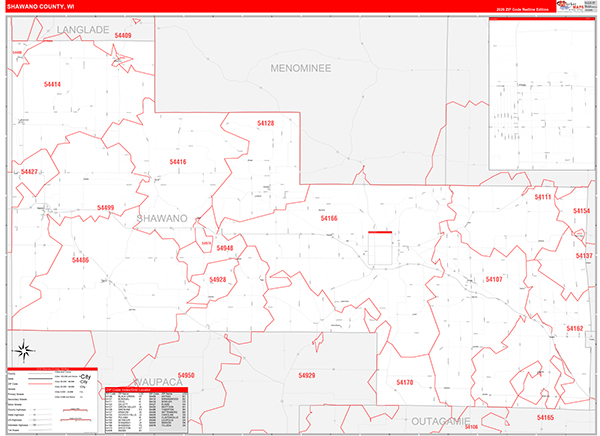 Shawano County, WI Zip Code Wall Map
