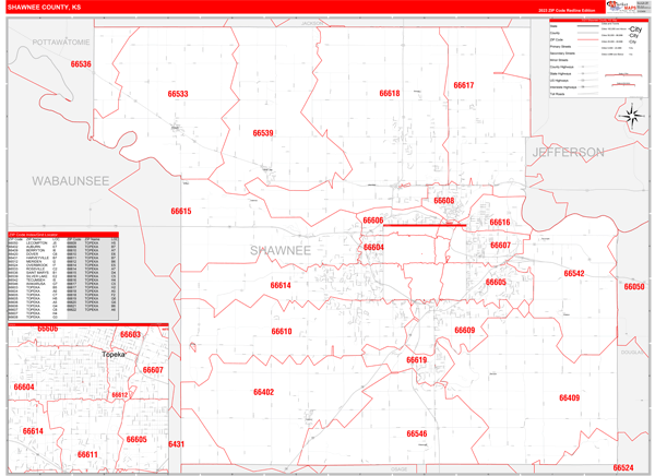 Shawnee County, KS Zip Code Wall Map Red Line Style by MarketMAPS