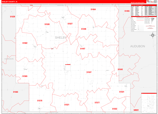 Shelby County Wall Map Red Line Style