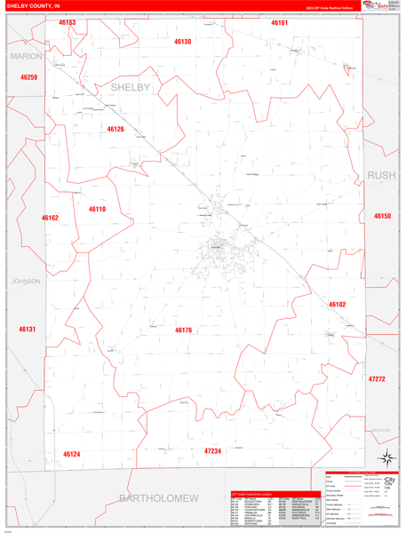 Shelby County, IN Zip Code Wall Map Red Line Style by MarketMAPS