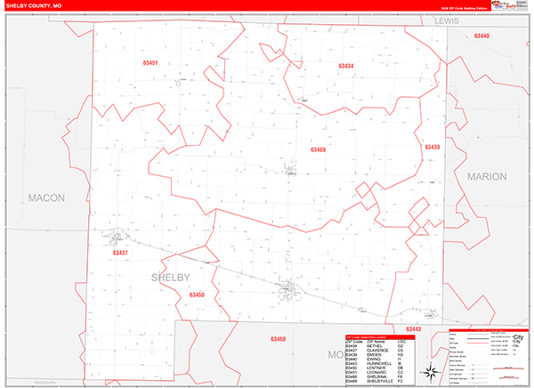 Shelby County, MO Map Red Line Style