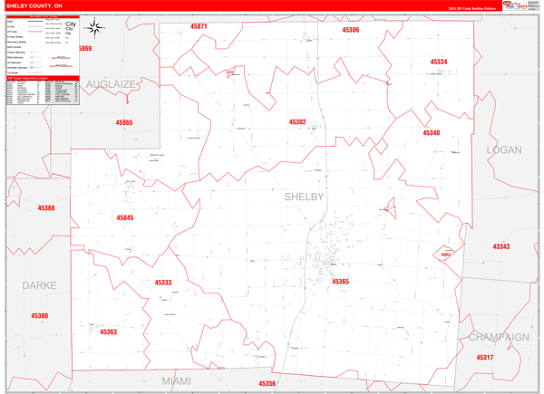 Shelby County, OH Zip Code Wall Map Red Line Style by MarketMAPS - MapSales